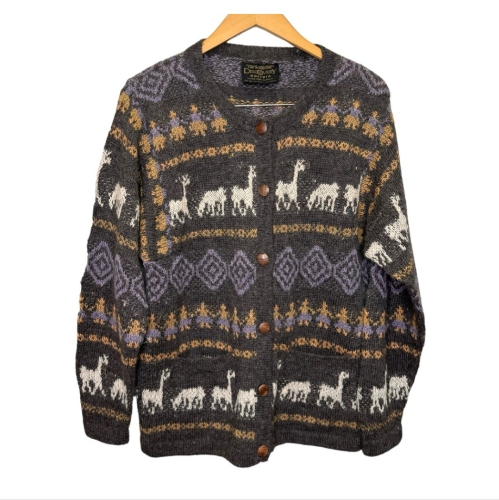 Vintage Alpaca Llama Print Fair Isle Lightweight Cardigan Sweater Cottagecore